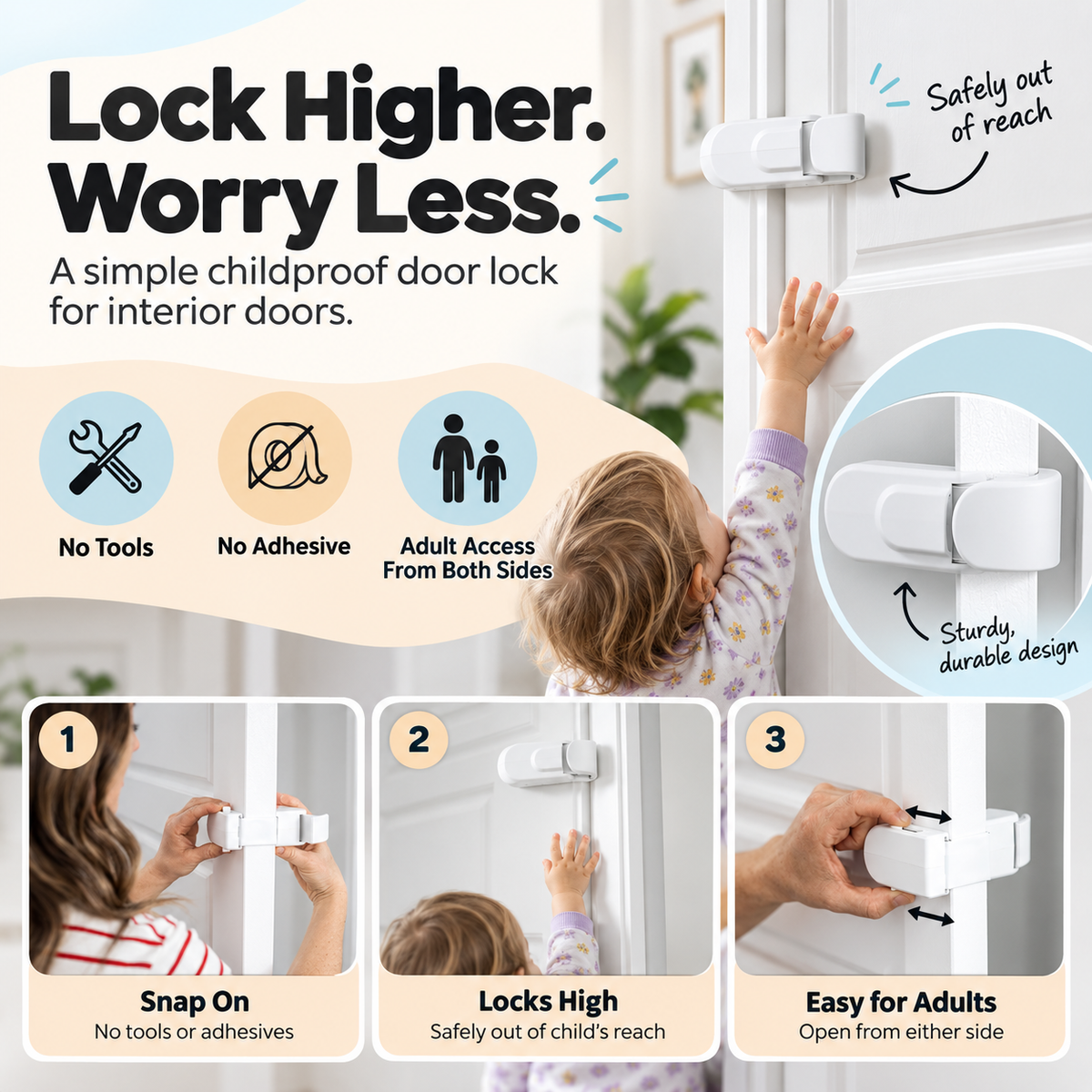 🚪 No-Drill Child Safety Door Lock – Snap-On Interior Door Latch