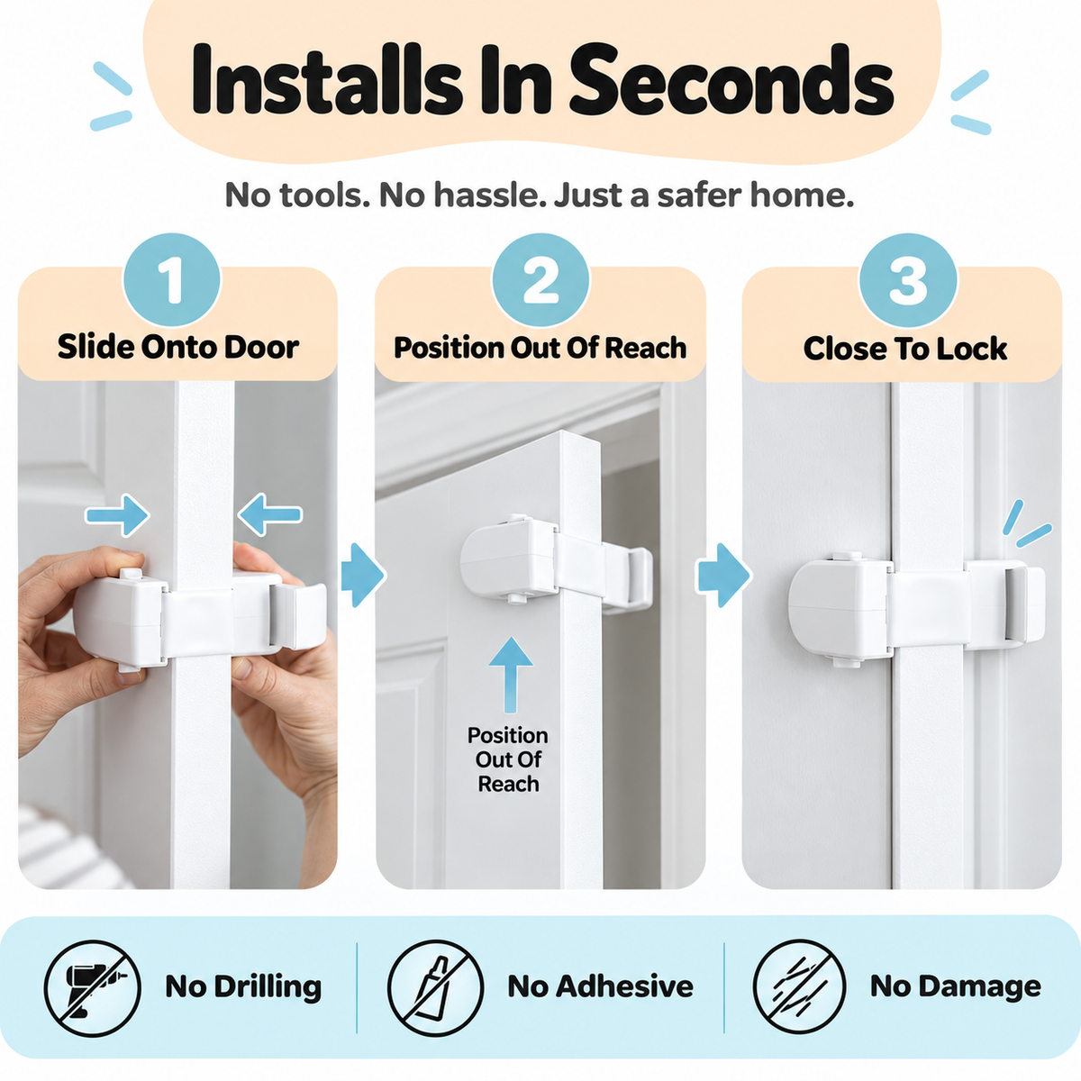 🚪 No-Drill Child Safety Door Lock – Snap-On Interior Door Latch