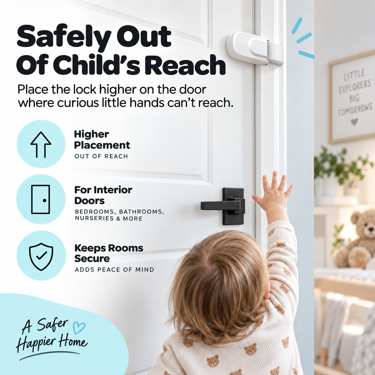 🚪 No-Drill Child Safety Door Lock – Snap-On Interior Door Latch