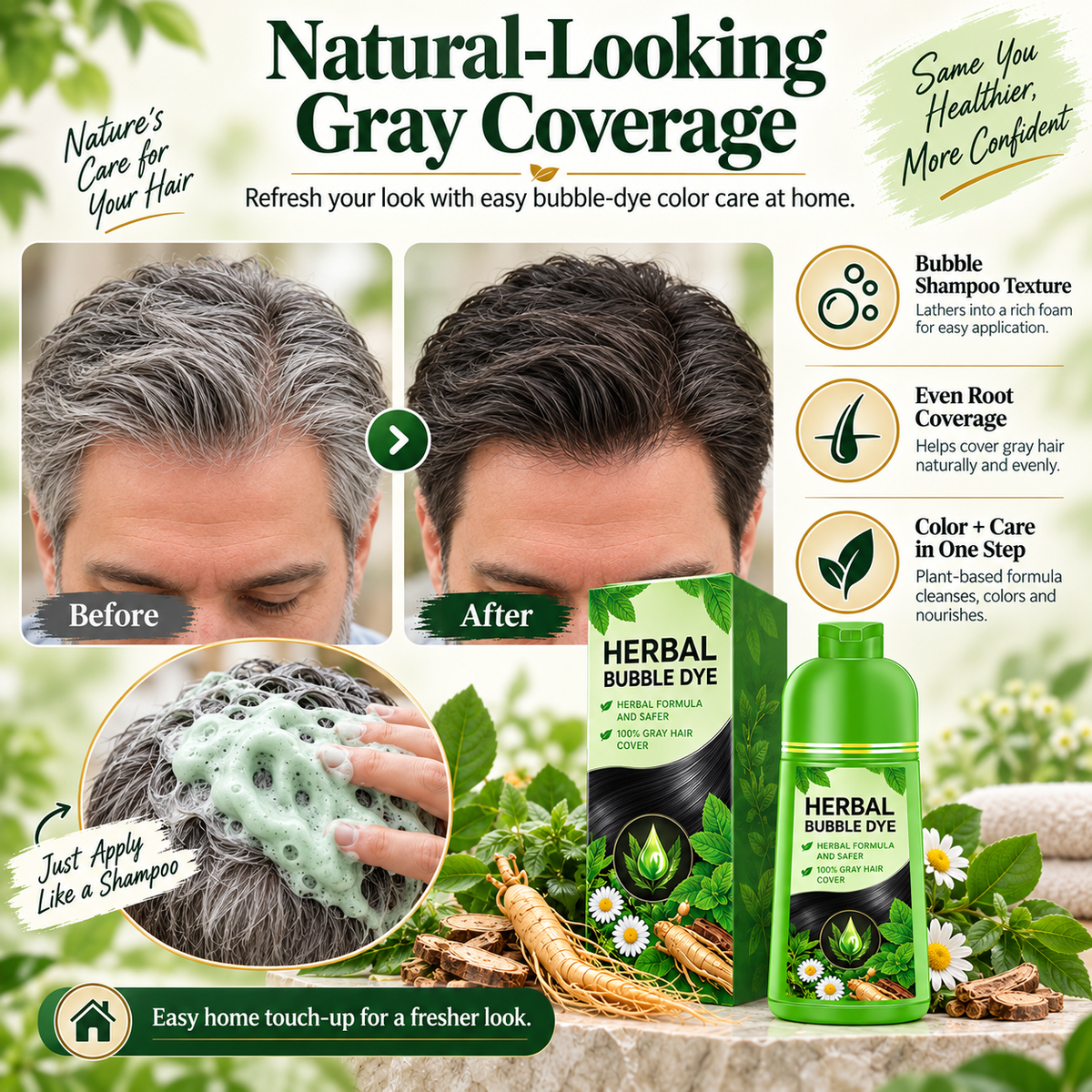 Herbal Bubble Hair Color Shampoo – Easy Gray Coverage at Home