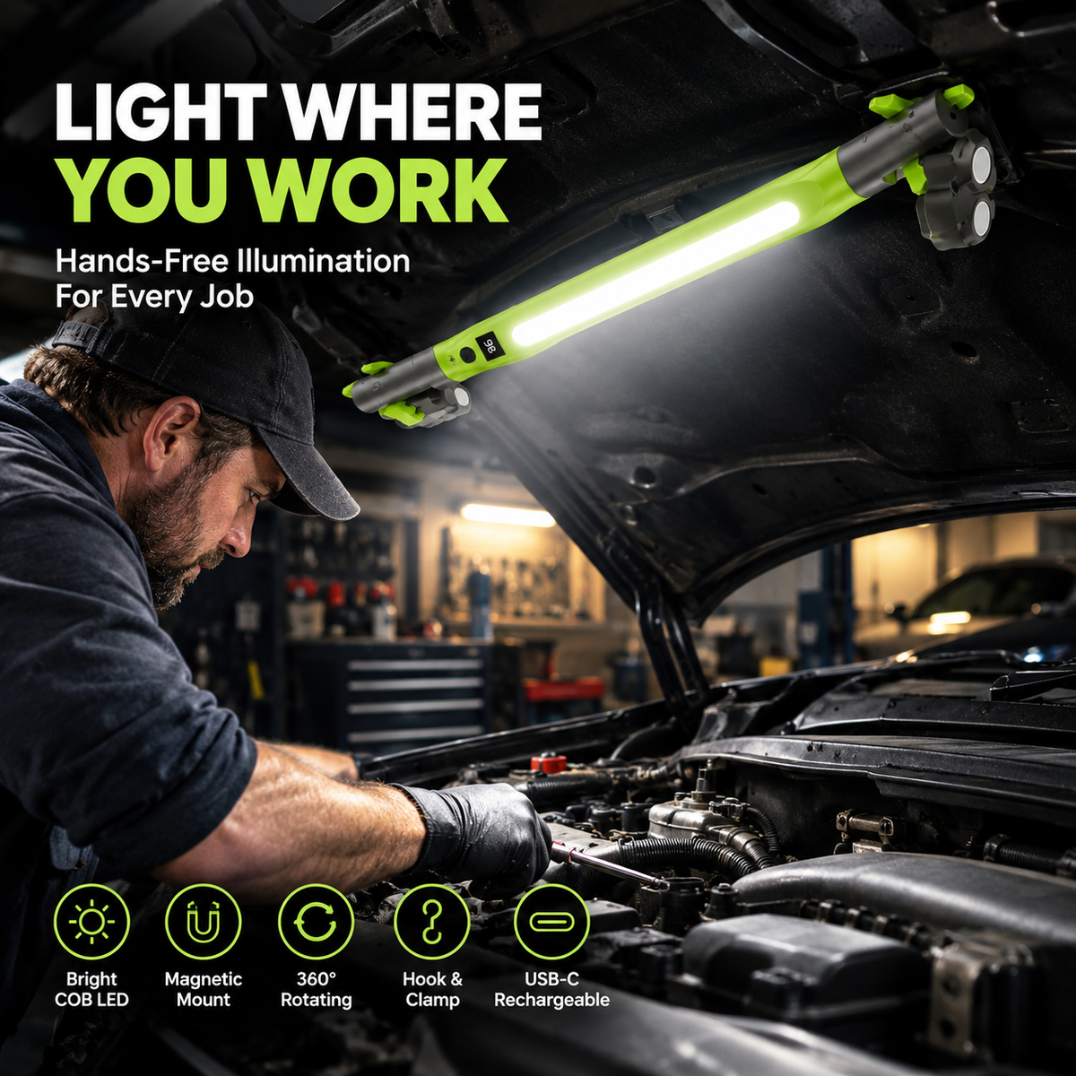 Rechargeable COB LED work light magnetically mounted under a car hood