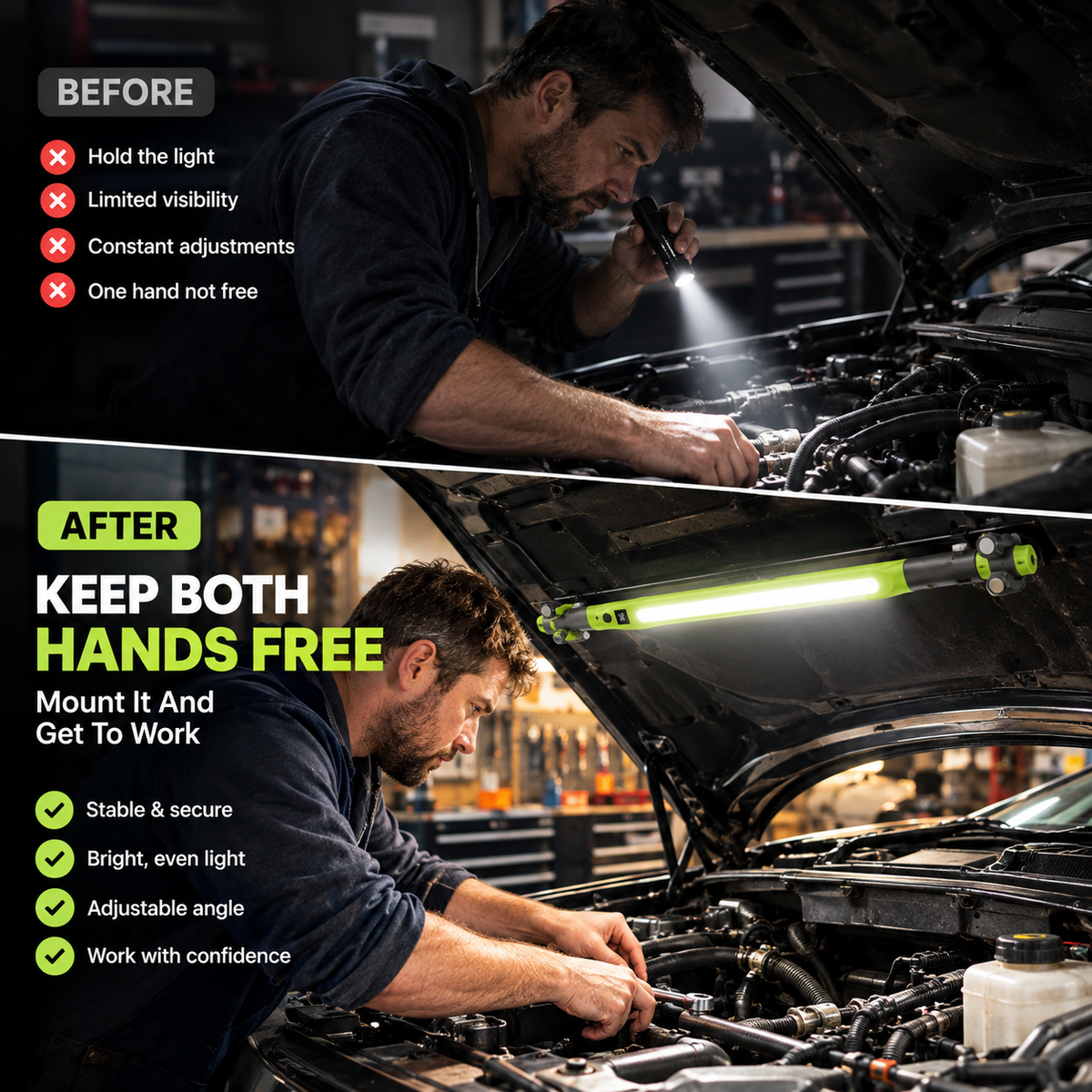Before and after comparison of handheld flashlight versus hands-free mounted COB work light