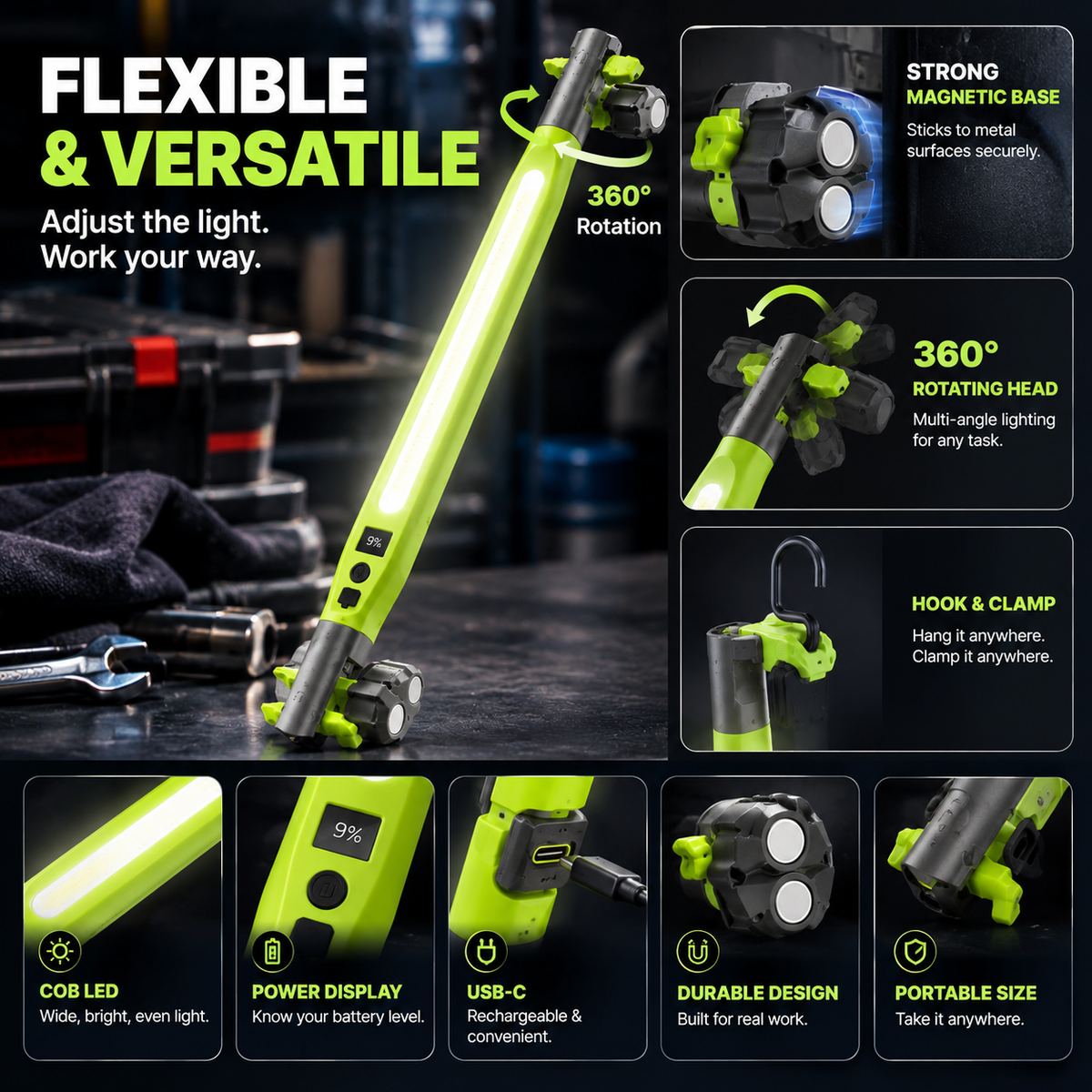🔦 Rechargeable COB LED Work Light | Magnetic 360° Garage Repair Lamp