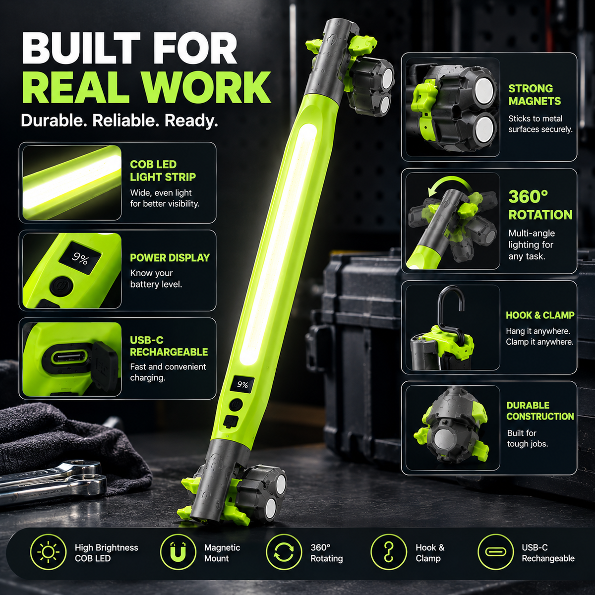 🔦 Rechargeable COB LED Work Light | Magnetic 360° Garage Repair Lamp