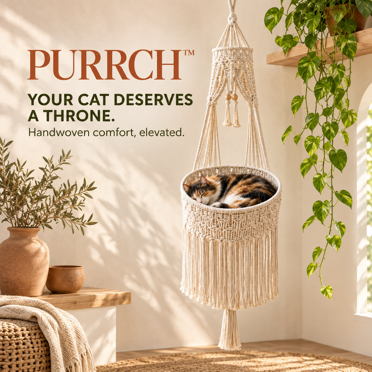 🧵Handwoven Desk-Mounted Cat Bed – Cozy Space-Saving Perch for Cats