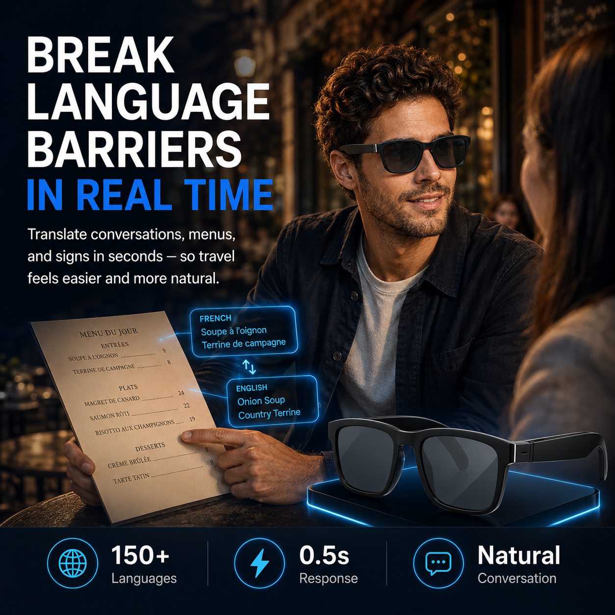 AI Smart Translation Glasses – Bluetooth Open-Ear Travel Eyewear