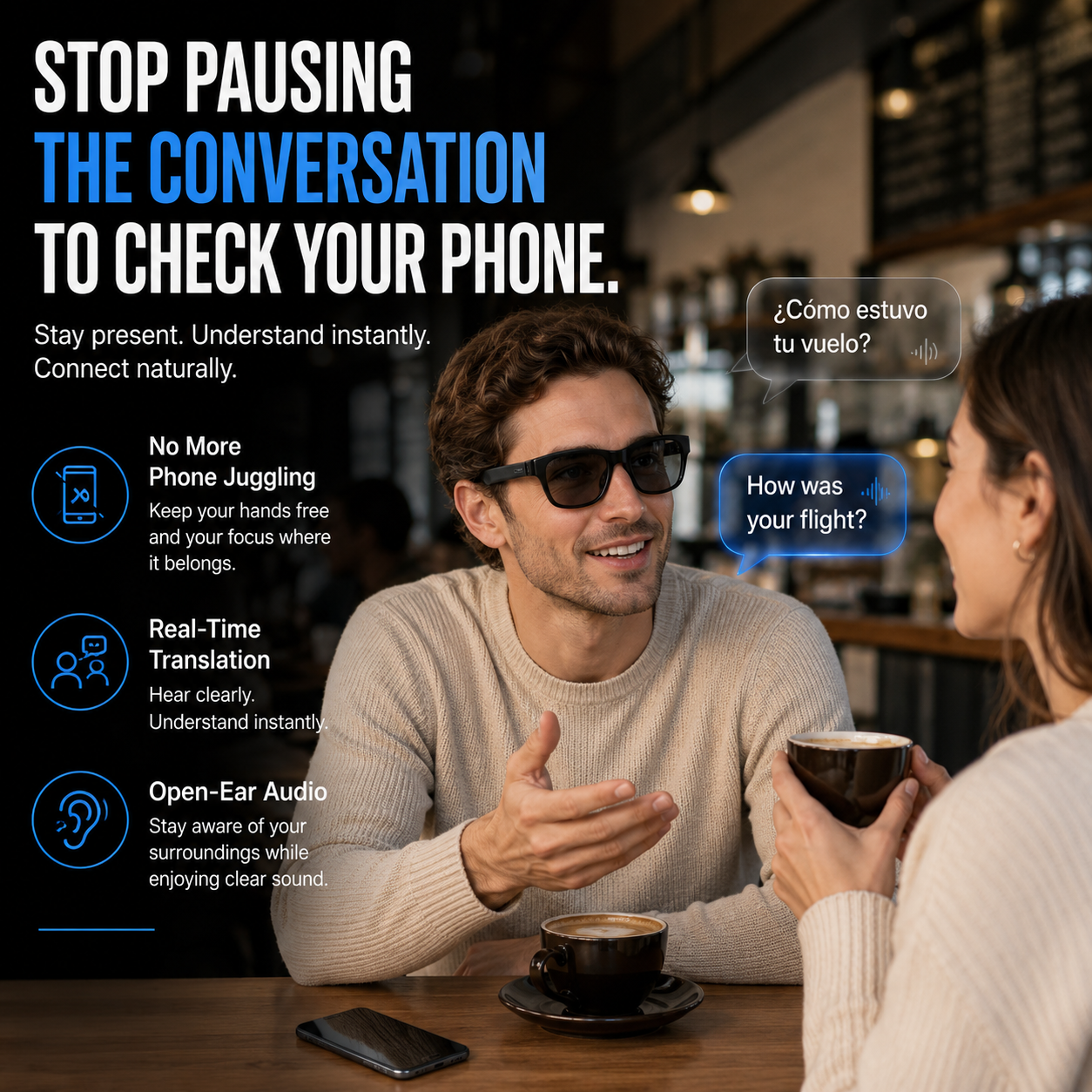AI Smart Translation Glasses – Bluetooth Open-Ear Travel Eyewear