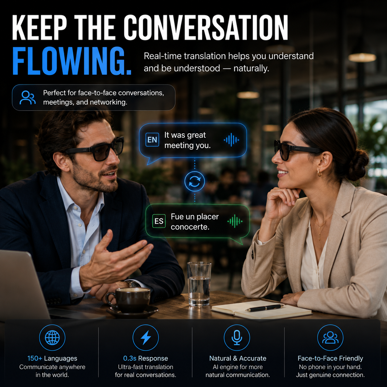 AI Smart Translation Glasses – Bluetooth Open-Ear Travel Eyewear