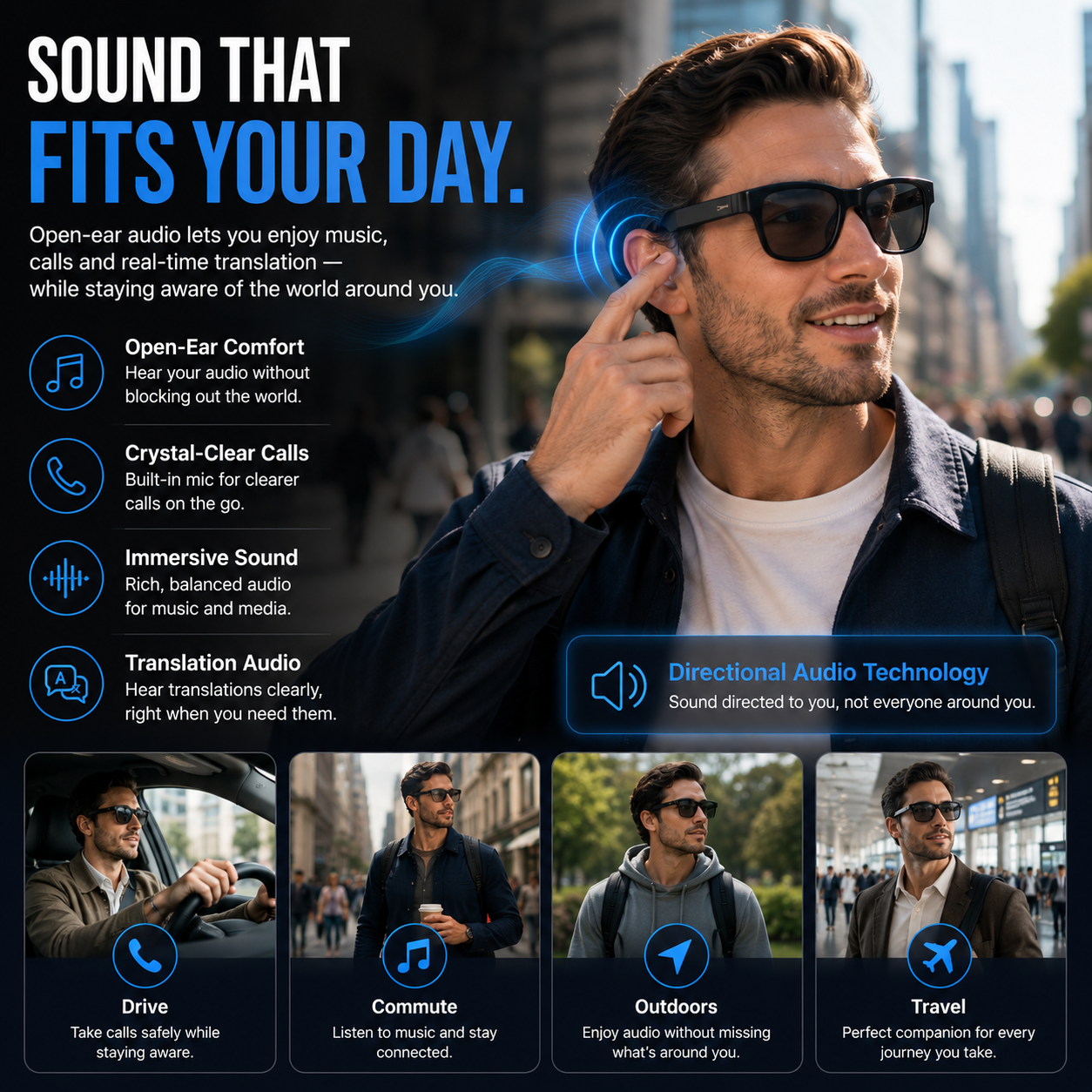 AI Smart Translation Glasses – Bluetooth Open-Ear Travel Eyewear