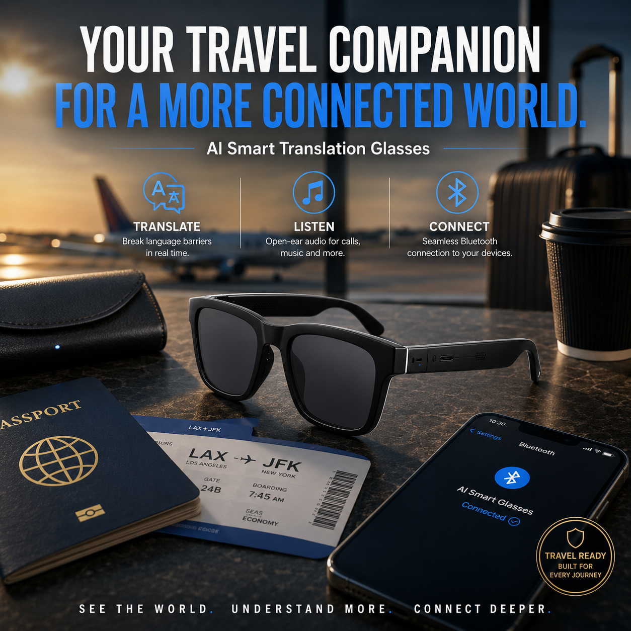 AI Smart Translation Glasses – Bluetooth Open-Ear Travel Eyewear