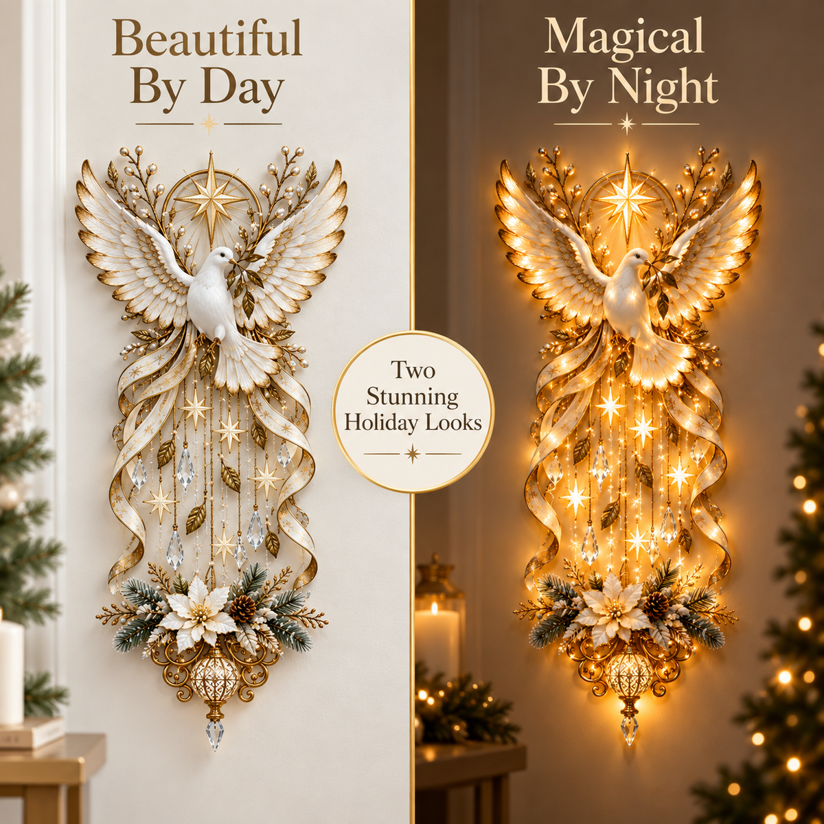 🕊️ Illuminated Dove Christmas Wall Hanging | Warm Golden Holiday Light Décor