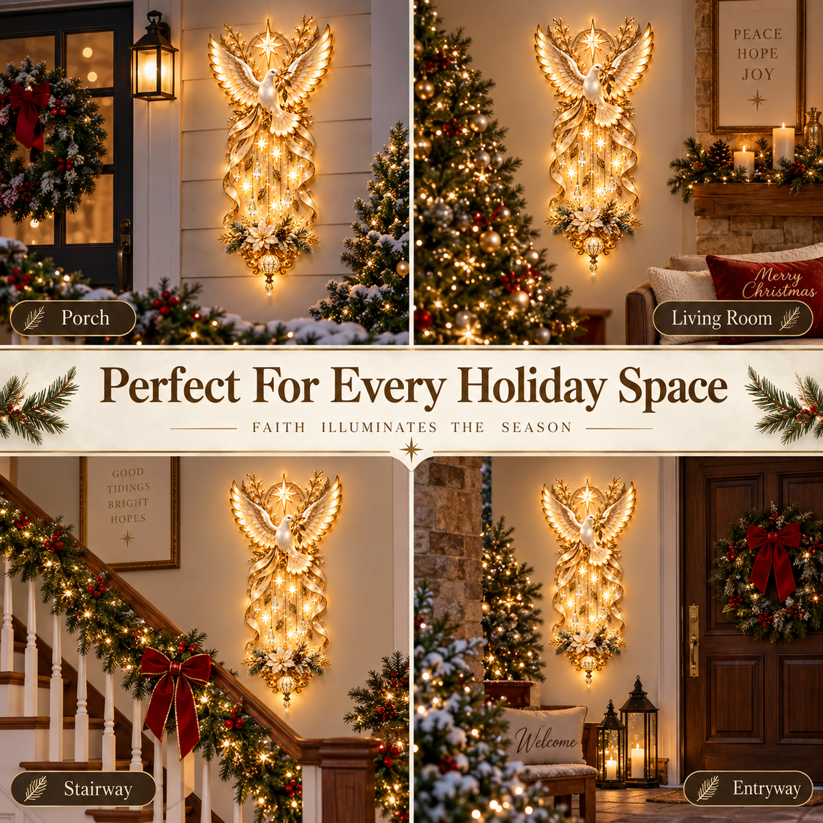 🕊️ Illuminated Dove Christmas Wall Hanging | Warm Golden Holiday Light Décor