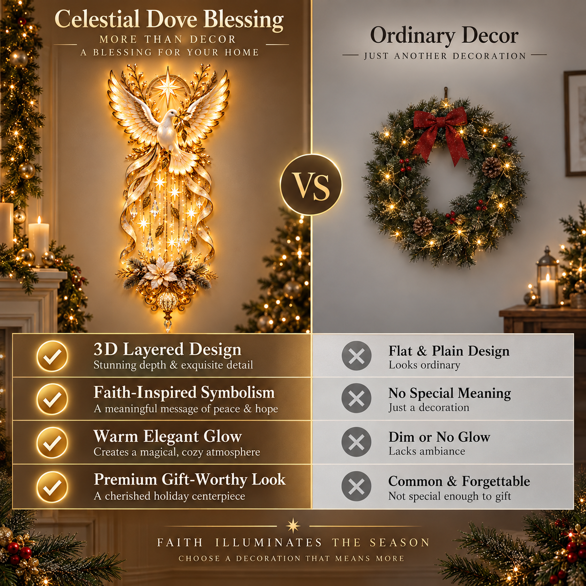 🕊️ Illuminated Dove Christmas Wall Hanging | Warm Golden Holiday Light Décor