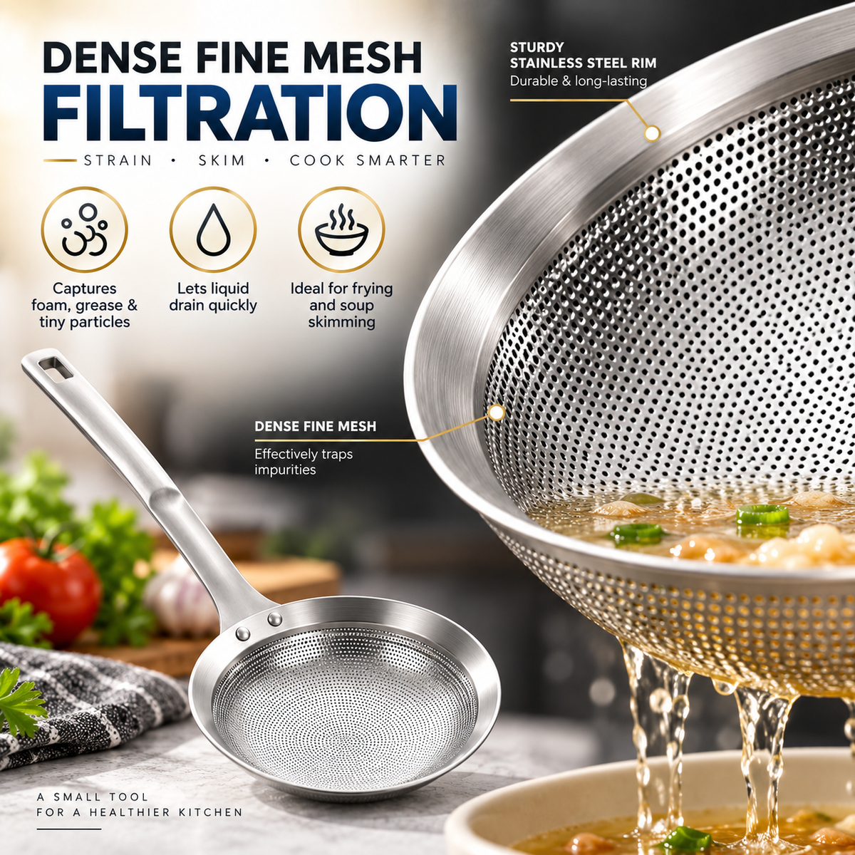 🥘✨Filter Scoop SUS304 Stainless Steel Fat Skimmer Spoon
