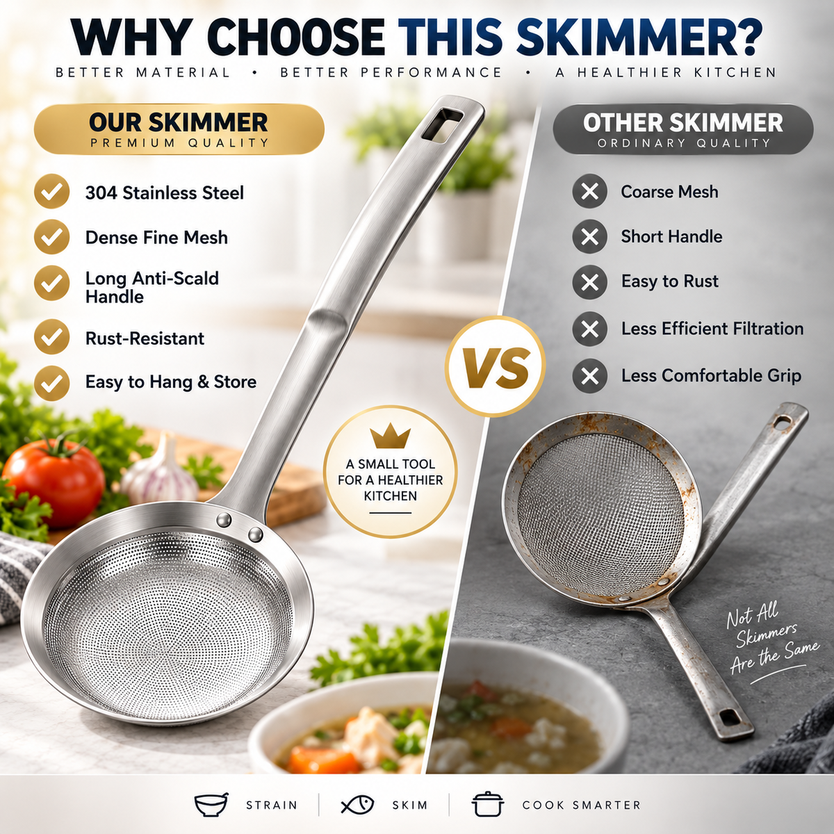 🥘✨Filter Scoop SUS304 Stainless Steel Fat Skimmer Spoon