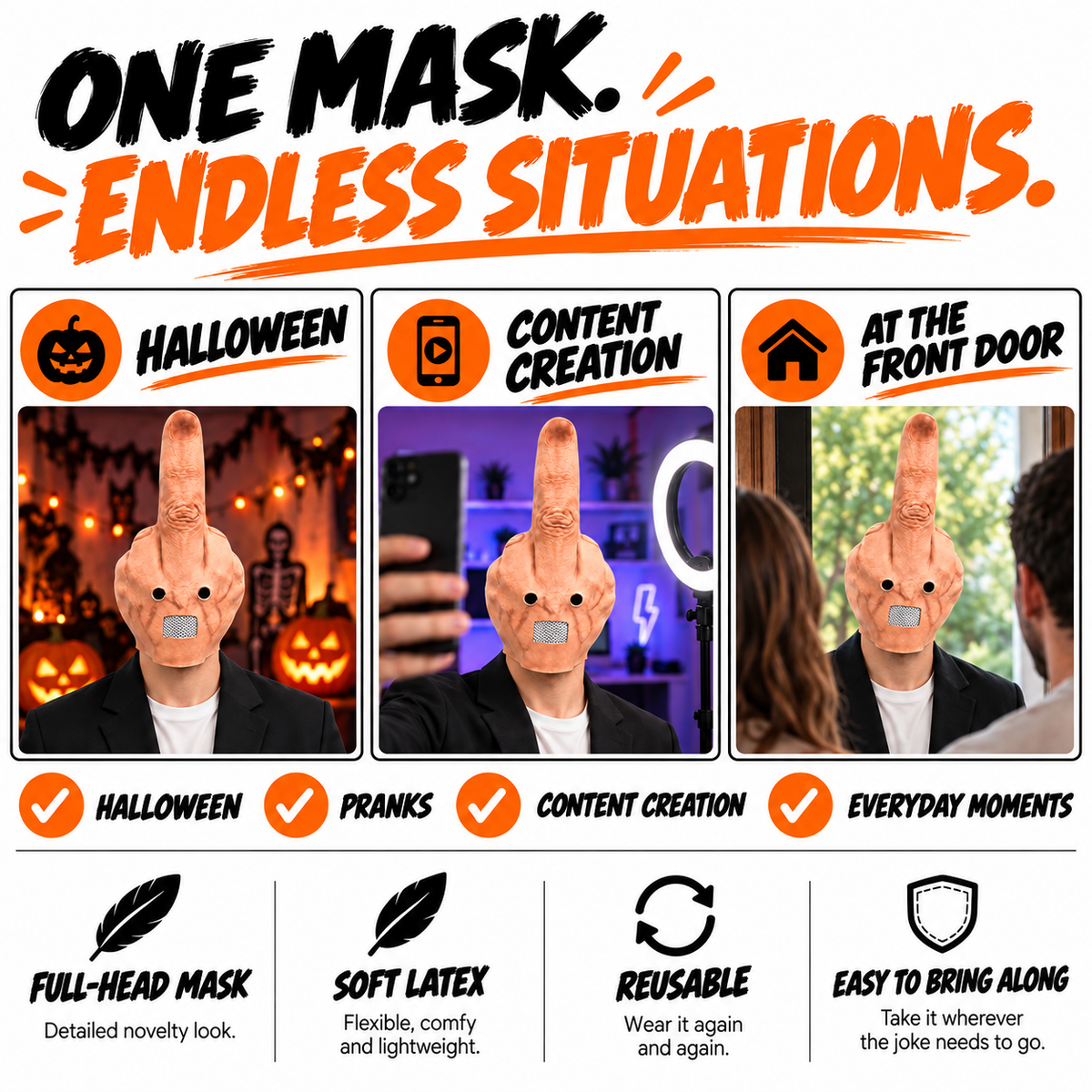 🖕 Giant Middle Finger Latex Mask – Funny Party, Prank & Halloween Costume