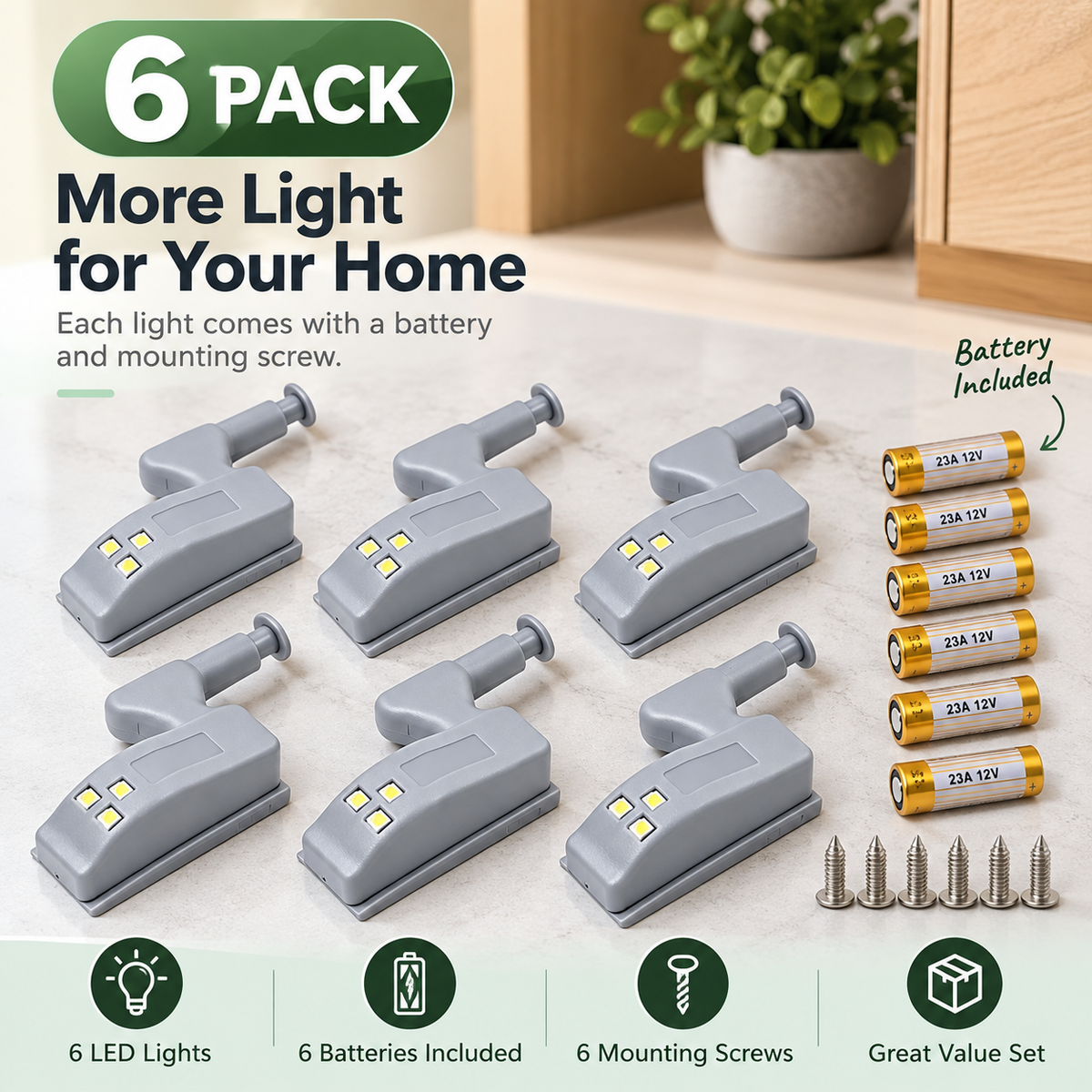 ✨ 6-Pack Hinge LED Cabinet Light – Open the Door, Light Comes On