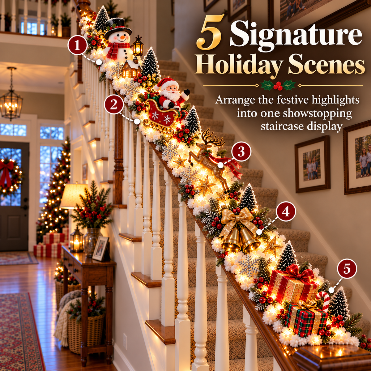 🎄 Light-Up Christmas Staircase Railing Decorations – 5 Festive Holiday Scenes
