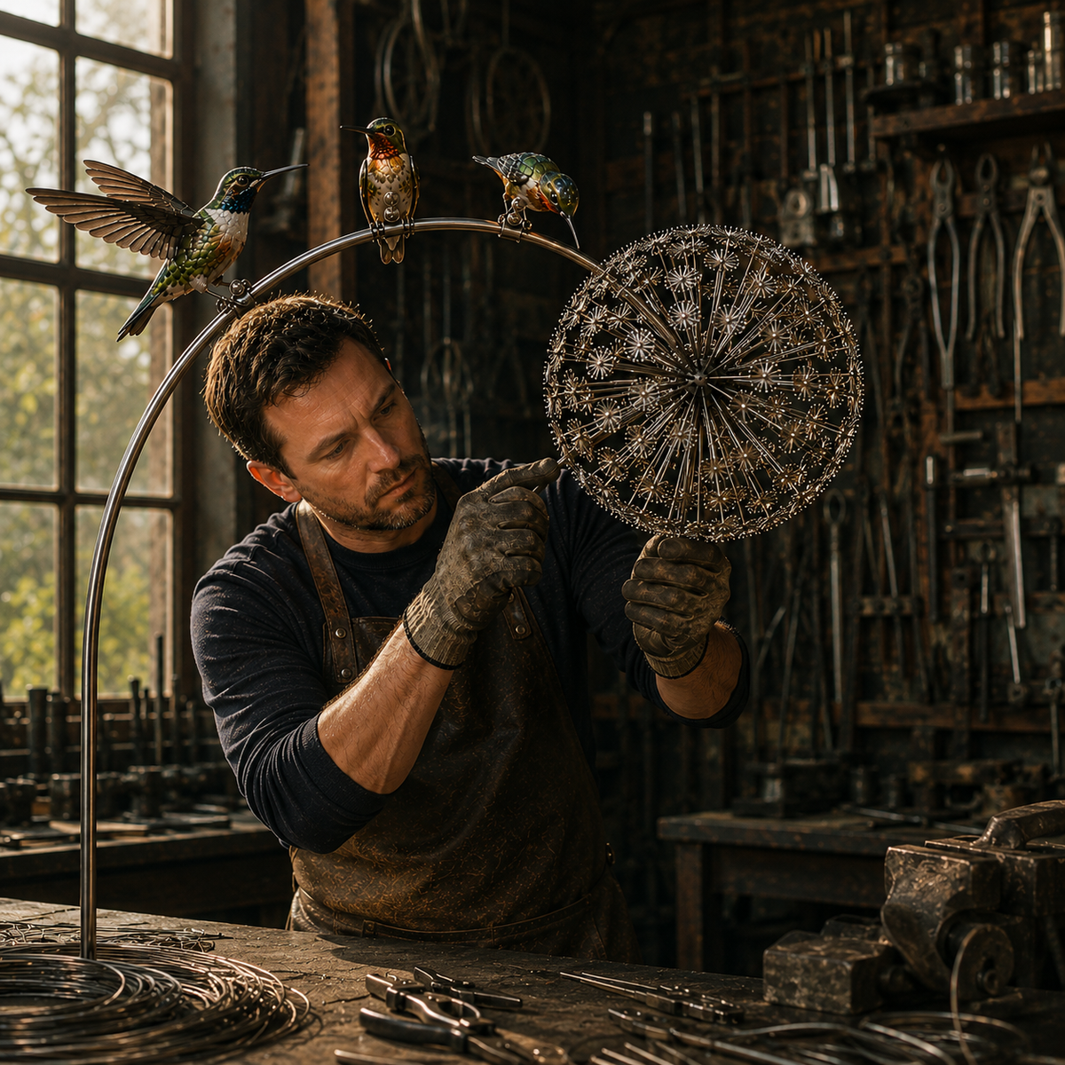 Hummingbird & Dandelion Garden Stake – Handcrafted Metal Yard Art