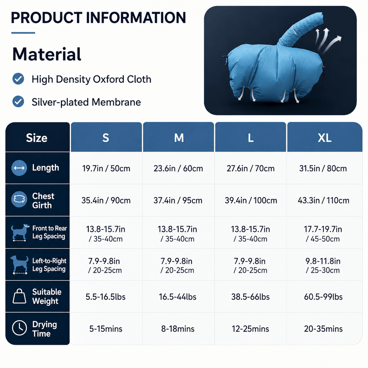 Pet drying bag size and measurement guide for S M L and XL