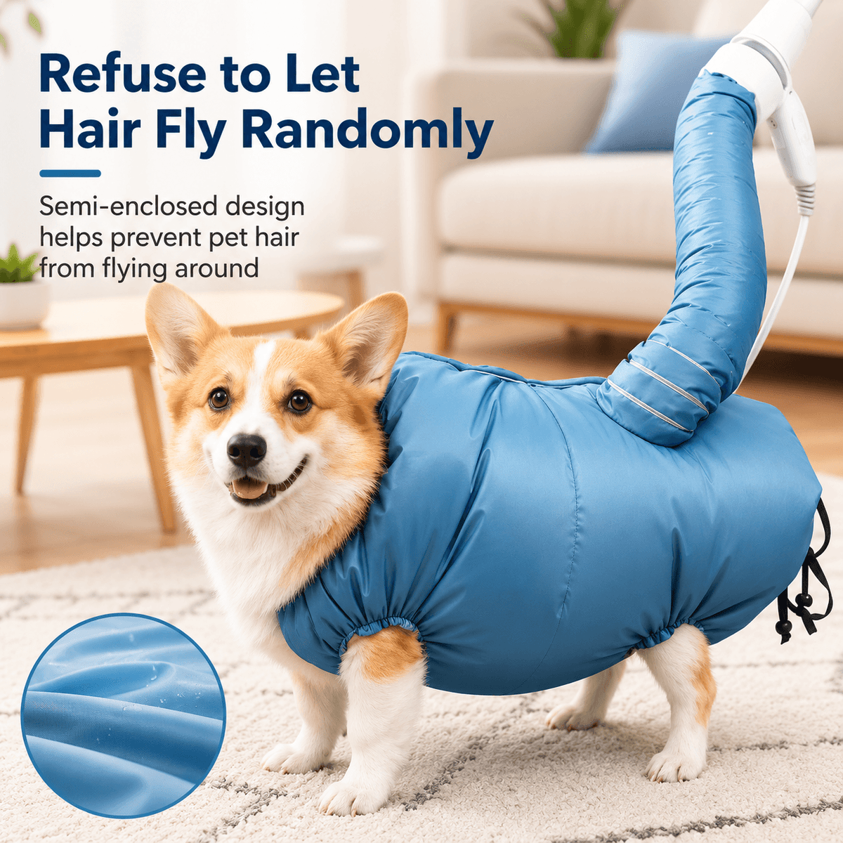 Dog wearing a blue hands-free pet drying bag connected to a dryer