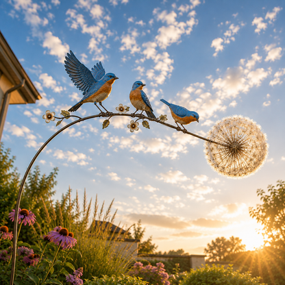 Hummingbird & Dandelion Garden Stake – Handcrafted Metal Yard Art