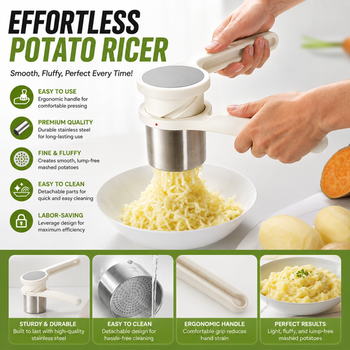 🥔Potato Ricer Masher Ergonomic Twist-Action Hand Manual Stainless Steel For Mashed Potato, Vegetable Purees, Stainless Steel