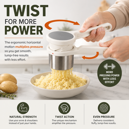 🥔Potato Ricer Masher Ergonomic Twist-Action Hand Manual Stainless Steel For Mashed Potato, Vegetable Purees, Stainless Steel