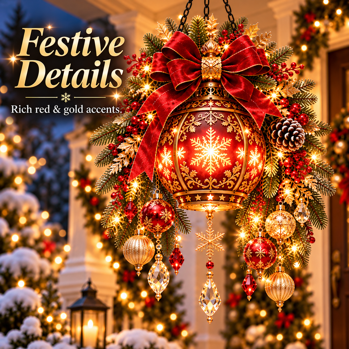 🎄 Light-Up Christmas Lantern Door Hanging | Red & Gold Holiday Décor