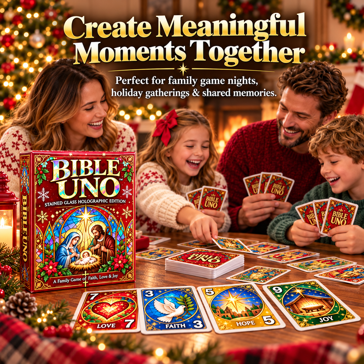 Family playing Bible card game during Christmas