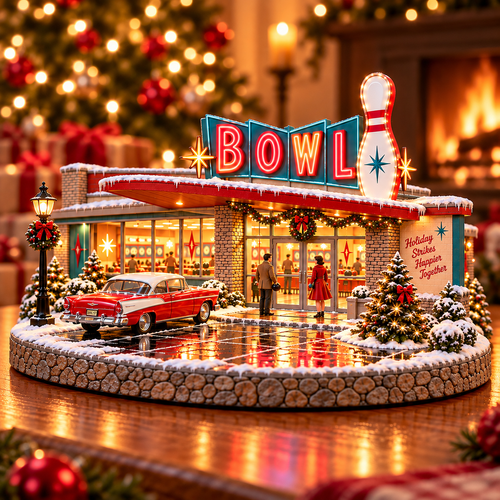 🎳 Lighted Retro Bowling Alley Christmas Village | Vintage Holiday Décor