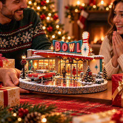 🎳 Lighted Retro Bowling Alley Christmas Village | Vintage Holiday Décor