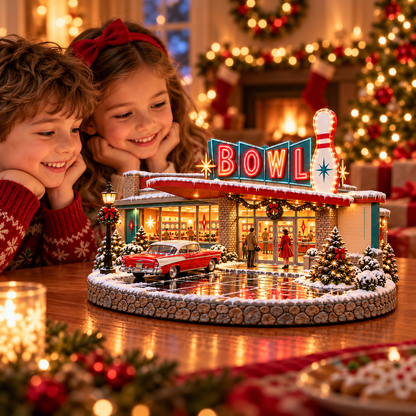🎳 Lighted Retro Bowling Alley Christmas Village | Vintage Holiday Décor