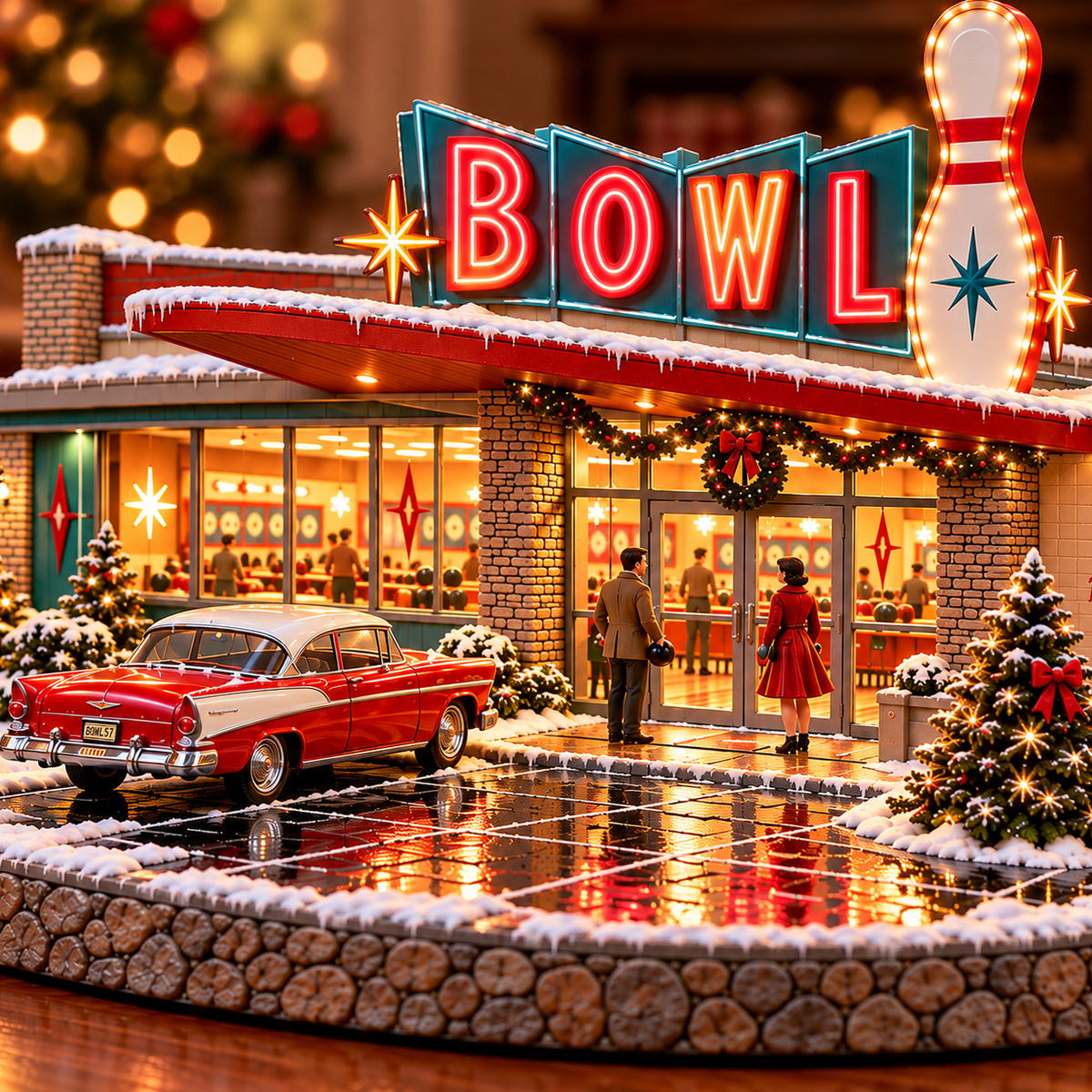 🎳 Lighted Retro Bowling Alley Christmas Village | Vintage Holiday Décor