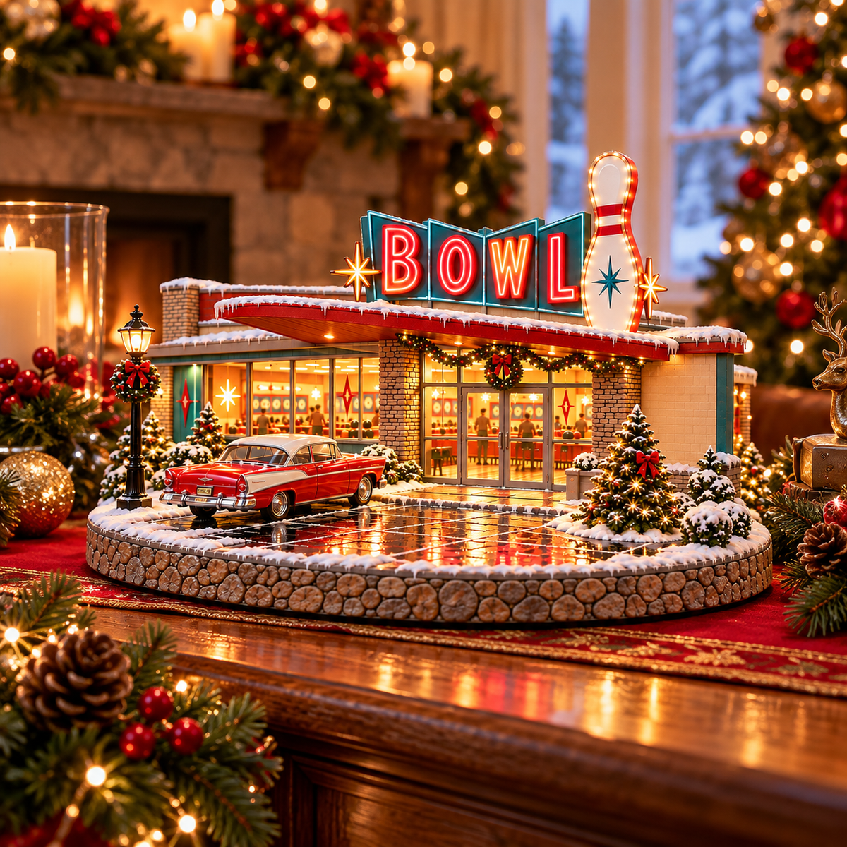 🎳 Lighted Retro Bowling Alley Christmas Village | Vintage Holiday Décor