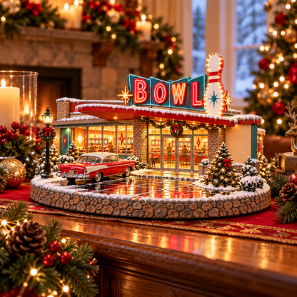 🎳 Lighted Retro Bowling Alley Christmas Village | Vintage Holiday Décor