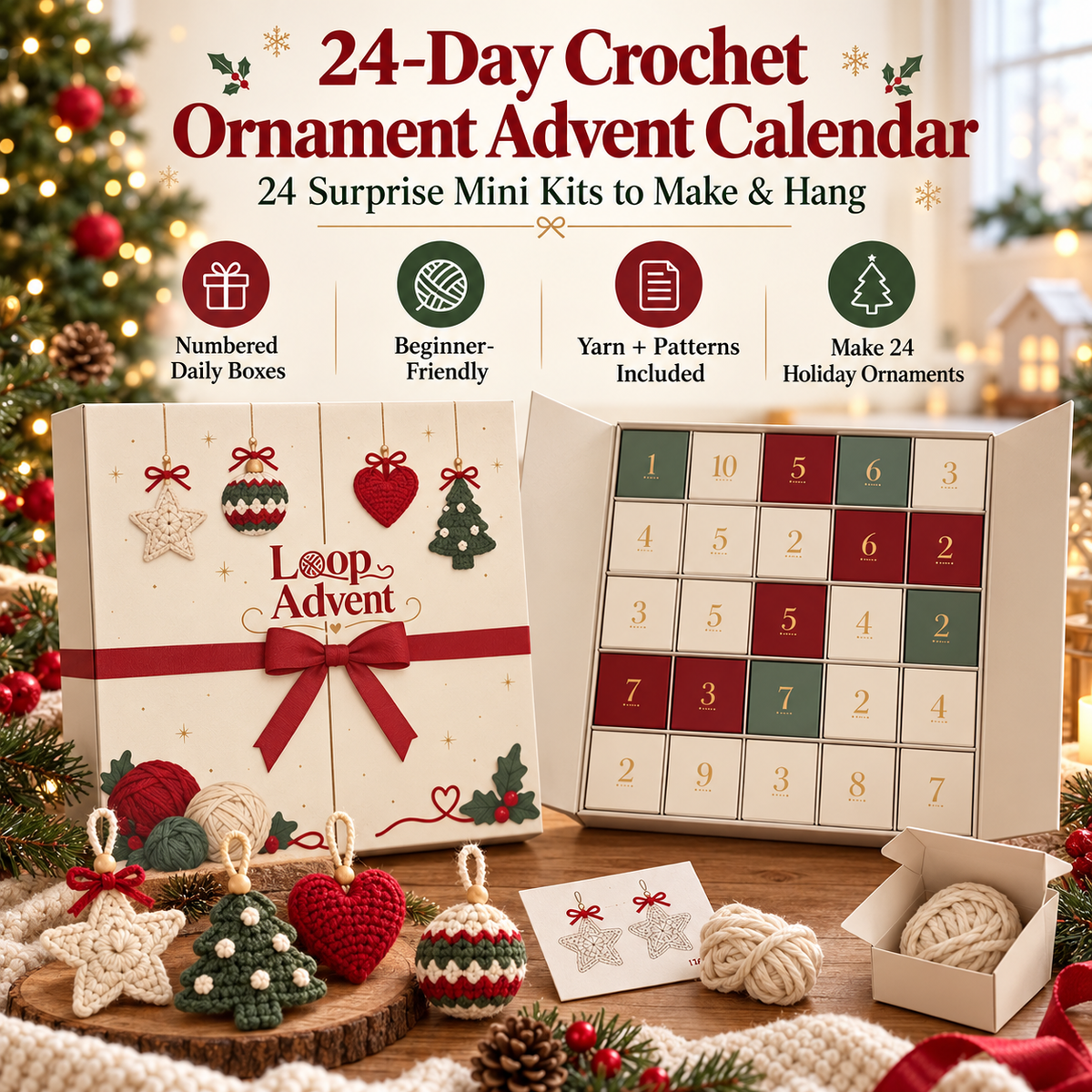 24-Day Crochet Ornament Advent Calendar displayed with daily boxes and handmade Christmas ornament examples