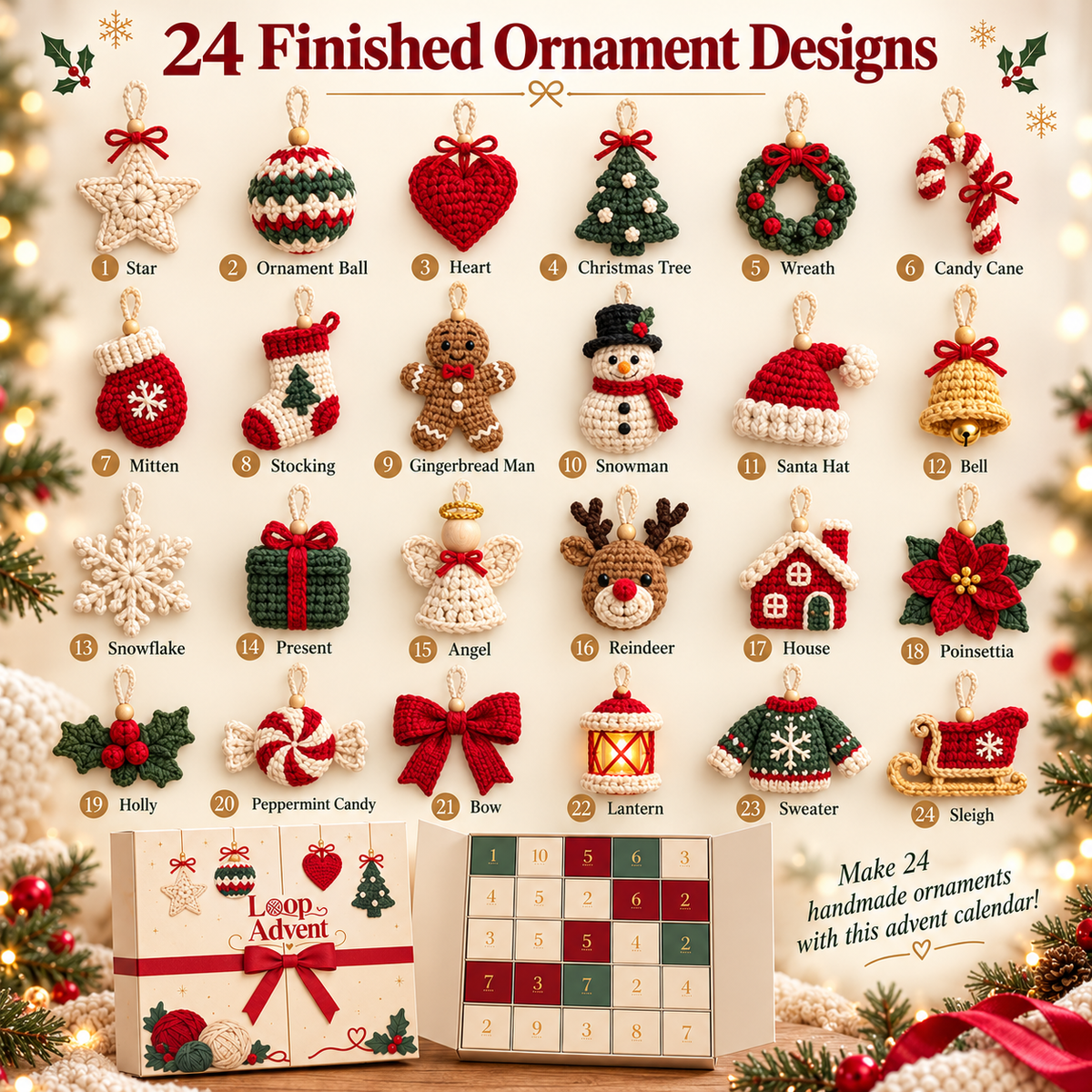 🎄 24-Day Crochet Christmas Advent Calendar™ – 24 Surprise DIY Ornament Kits to Make & Hang 🧶