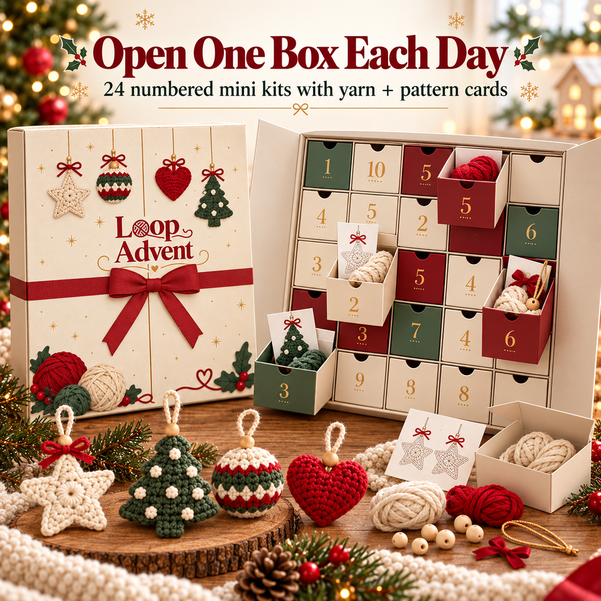 Open calendar compartments showing yarn, small crochet pattern cards and Christmas ornament examples
