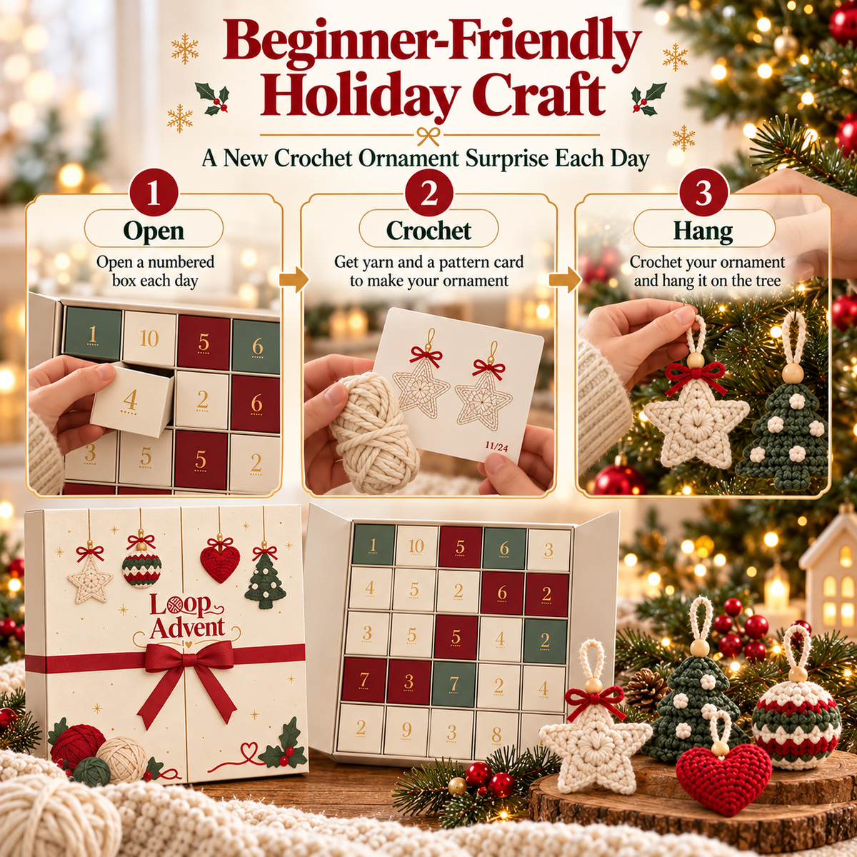 Three illustrated steps: open the crochet Advent box, make an ornament with yarn and pattern, hang it on a Christmas tree