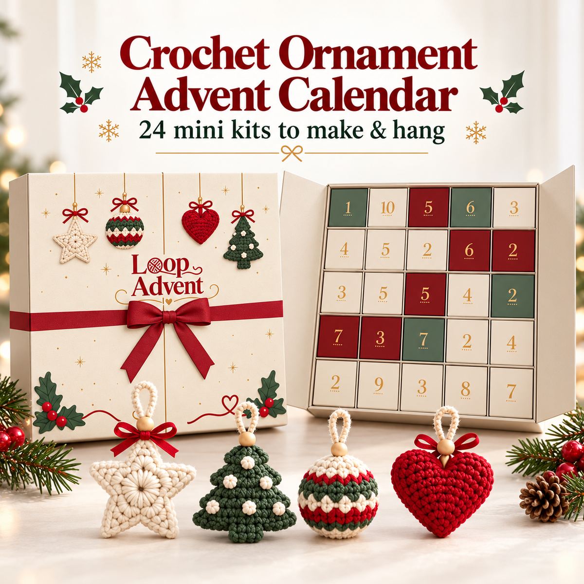 Festive 24-Day Crochet Ornament Advent Calendar presented as a Christmas gift with four completed handmade ornament examples