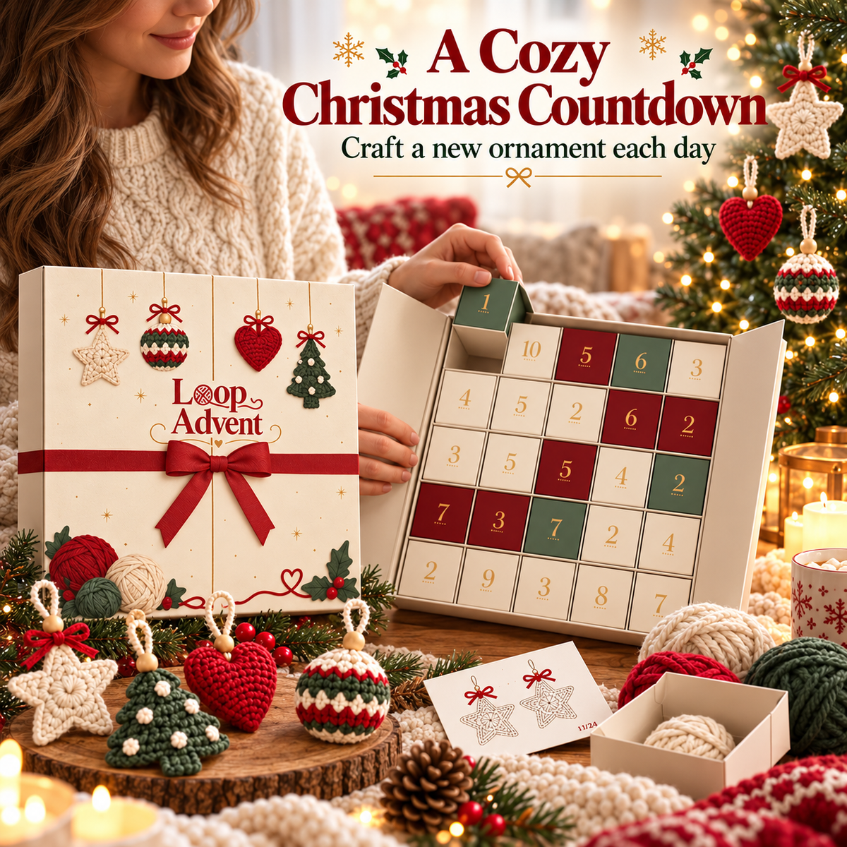 Woman opening the crochet Advent Calendar beside a cozy Christmas tree decorated with handmade yarn ornaments
