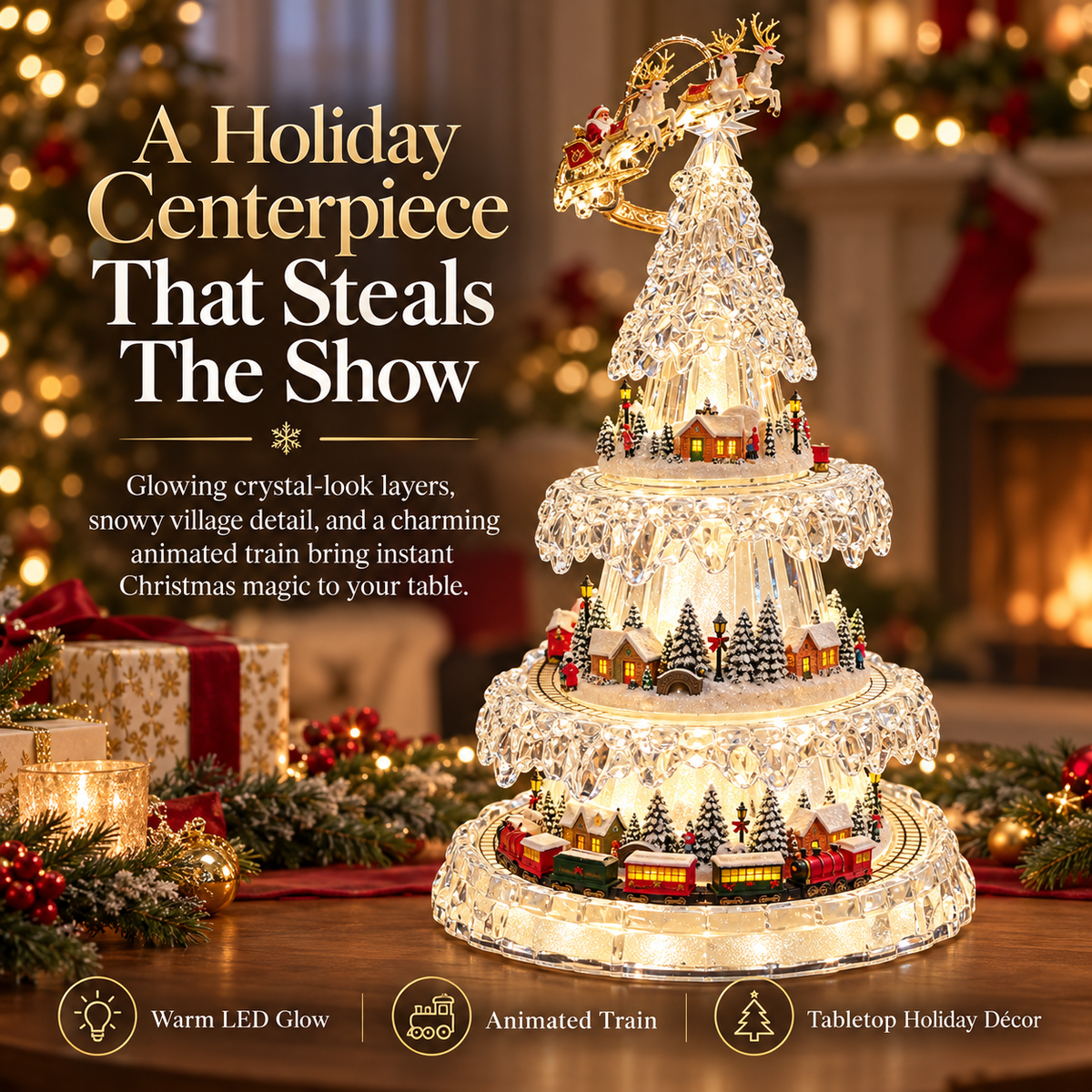 🎄 Lighted Animated Christmas Tree Village – Crystal-Look Holiday Centerpiece with Moving Train & Santa Sleigh ✨