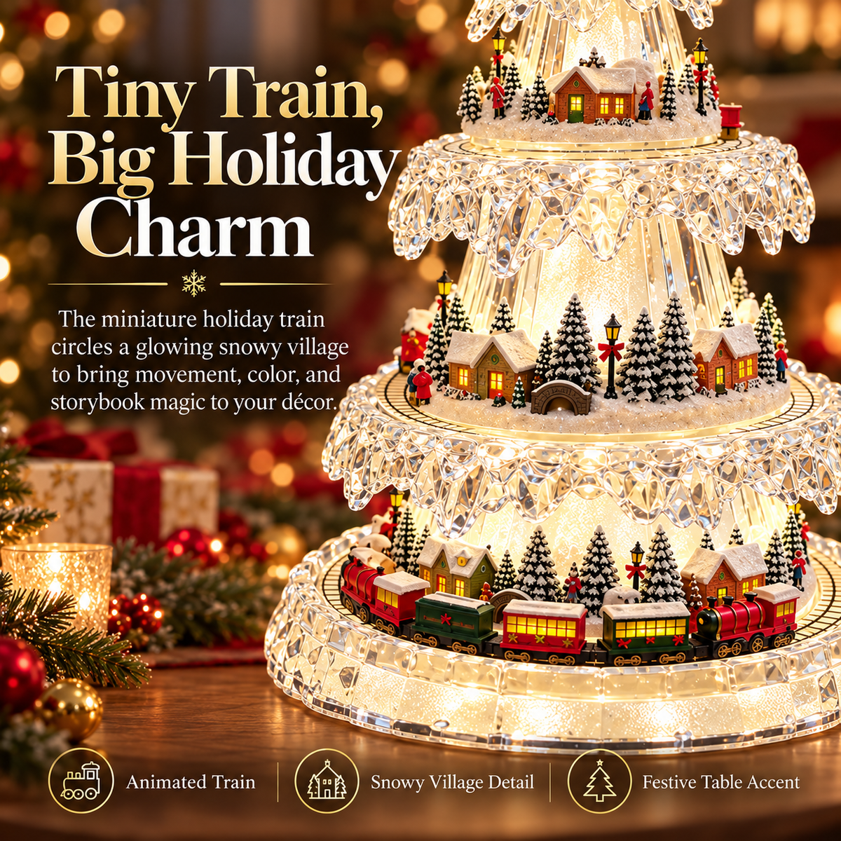 🎄 Lighted Animated Christmas Tree Village – Crystal-Look Holiday Centerpiece with Moving Train & Santa Sleigh ✨