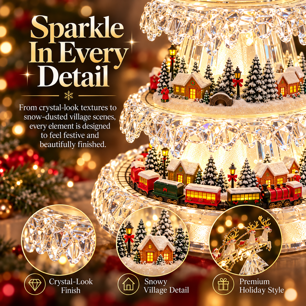 🎄 Lighted Animated Christmas Tree Village – Crystal-Look Holiday Centerpiece with Moving Train & Santa Sleigh ✨