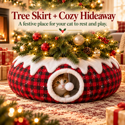 🎄🐾 Christmas Cat Tunnel & Tree Skirt – 3-in-1 Cozy Plaid Hideaway with Hanging Pom-Pom Toy ❄️