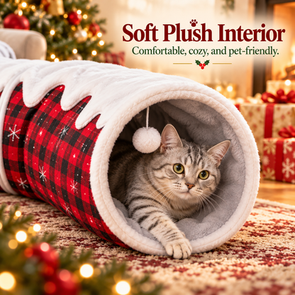 🎄🐾 Christmas Cat Tunnel & Tree Skirt – 3-in-1 Cozy Plaid Hideaway with Hanging Pom-Pom Toy ❄️