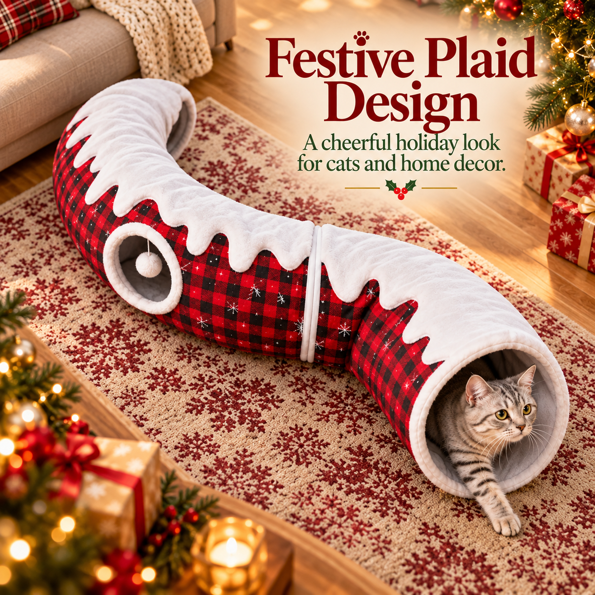 🎄🐾 Christmas Cat Tunnel & Tree Skirt – 3-in-1 Cozy Plaid Hideaway with Hanging Pom-Pom Toy ❄️