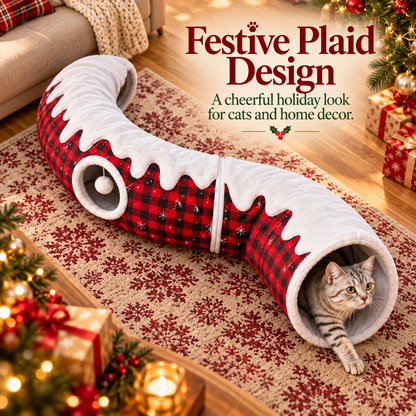 🎄🐾 Christmas Cat Tunnel & Tree Skirt – 3-in-1 Cozy Plaid Hideaway with Hanging Pom-Pom Toy ❄️