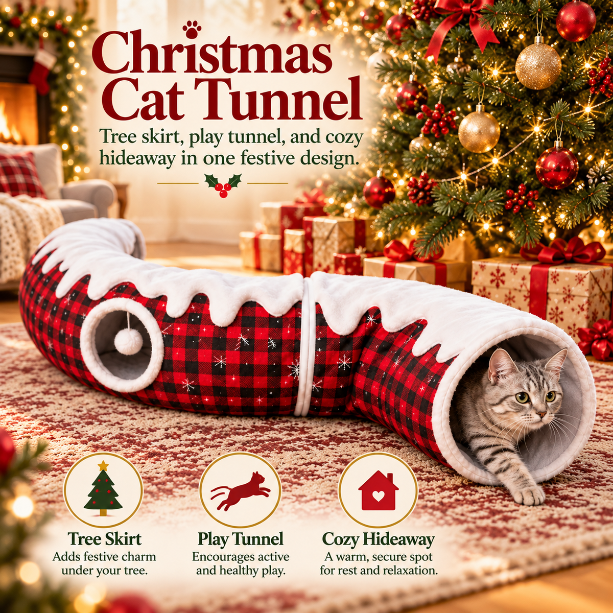 🎄🐾 Christmas Cat Tunnel & Tree Skirt – 3-in-1 Cozy Plaid Hideaway with Hanging Pom-Pom Toy ❄️